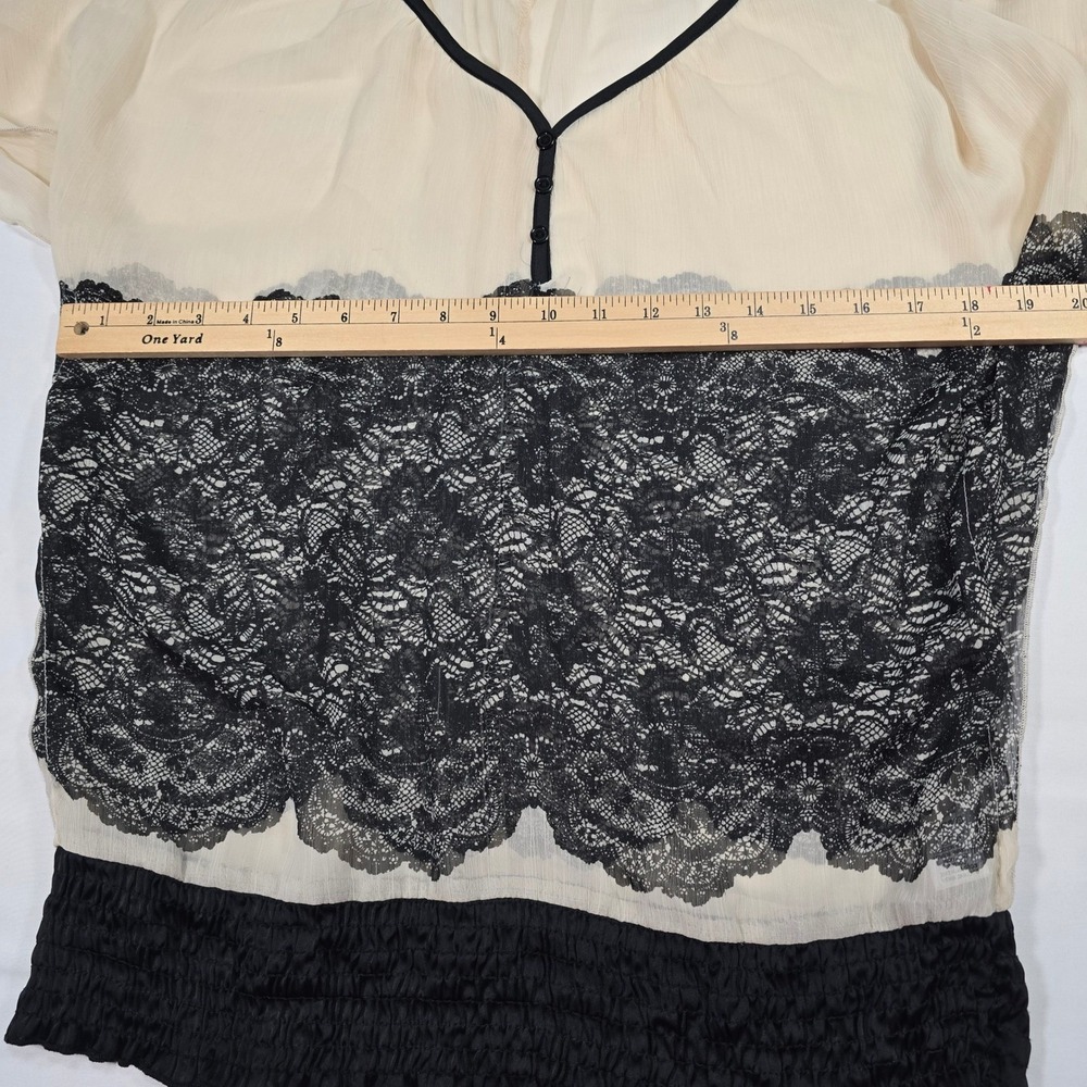 Maurices Womens Medium Cream Black Lace Chiffon Smocked Hem V-Neck Blouse Top - Picture 6 of 8